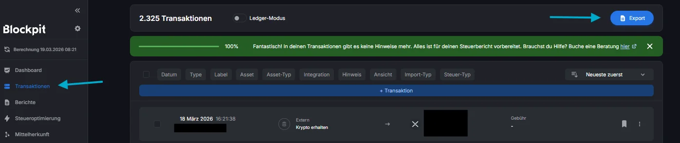 Blockpit transactions view with Export button in the top-right and green status banner: 2,325 transactions, 100% ready for tax report