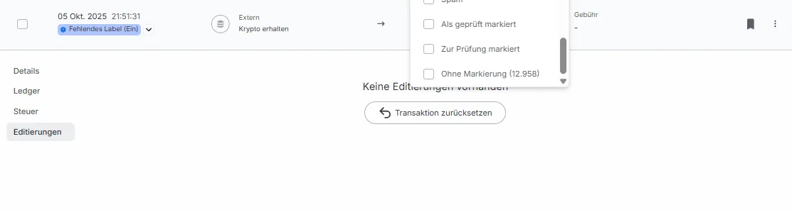 Blockpit Transaktionsdetail mit Hinweis 'Fehlendes Label (Ein)', Reiter 'Editierungen' samt 'Transaktion zurücksetzen' und Filter für 'Als geprüft markiert' bzw. 'Zur Prüfung markiert'