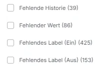 Blockpit Transaktions-Filter Hinweise: Fehlende Historie 39, Fehlender Wert 86, Fehlendes Label (Ein) 425, Fehlendes Label (Aus) 153