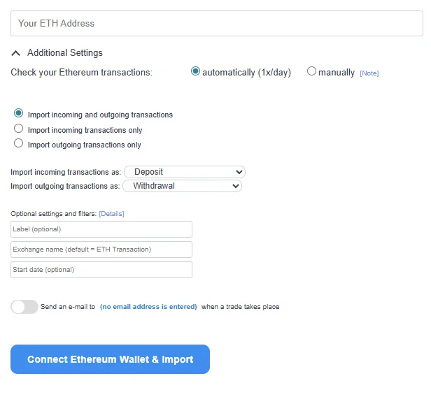 CoinTracking Eingabemaske: Börsenname, Startdatum und Details pro Integration