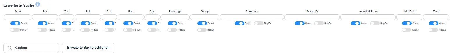 CoinTracking Erweiterte Suche mit 14 Filter-Feldern und Smart/RegEx-Toggle pro Feld
