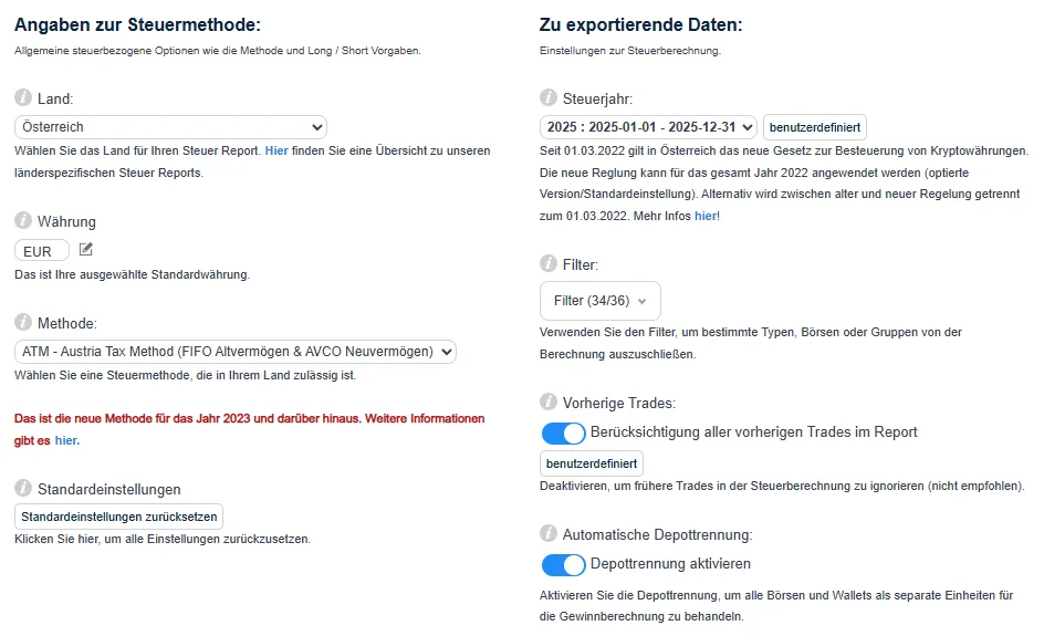 CoinTracking Steuerreport-Generator mit Land Österreich (ATM Austria Tax Method FIFO/AVCO), Währung EUR, Filter 34/36, Depottrennung-Toggle