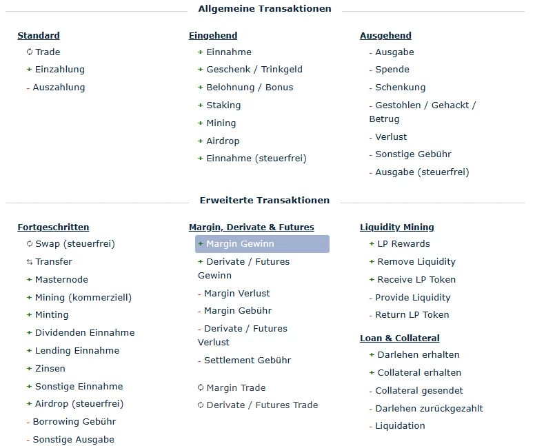 CoinTracking classification system with 26 default categories (as of 2026)