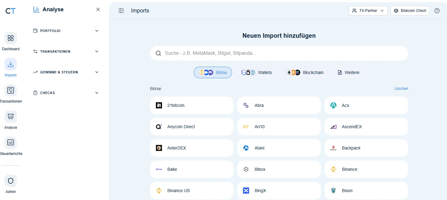 CoinTracking UI 2026 — Imports menu with sidebar (Portfolio, Transactions, Gains & Taxes, Checks) and exchange grid (21bitcoin, Abra, Acx, Binance, BingX, Bison, etc.)
