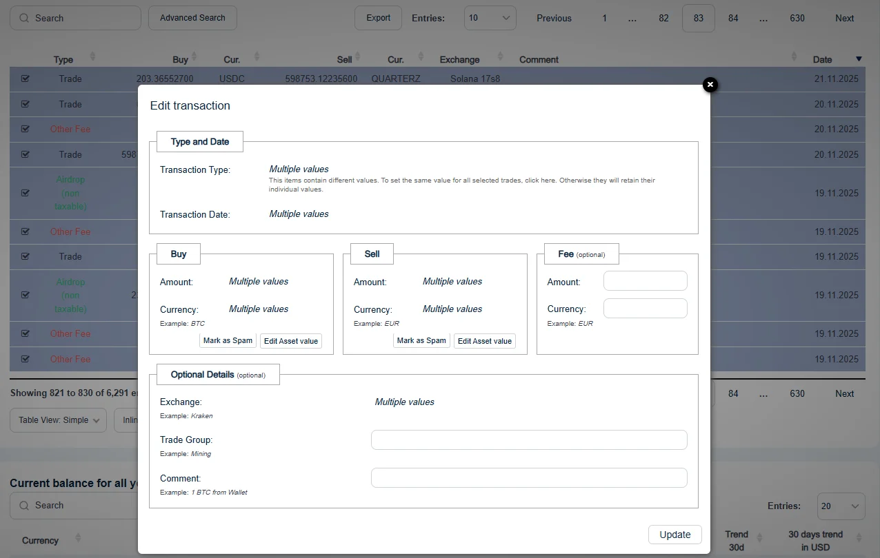 CoinTracking Massenbearbeitung: 100+ Transaktionen gleichzeitig editieren