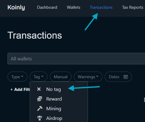 Koinly Transactions-View mit Tag-Filter-Dropdown geöffnet: „No tag