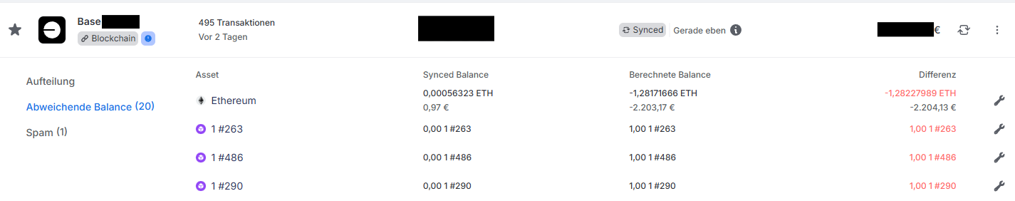 Blockpit Dashboard zeigt Abweichende Balance mit 20 betroffenen Assets und ETH Differenz von -1,28