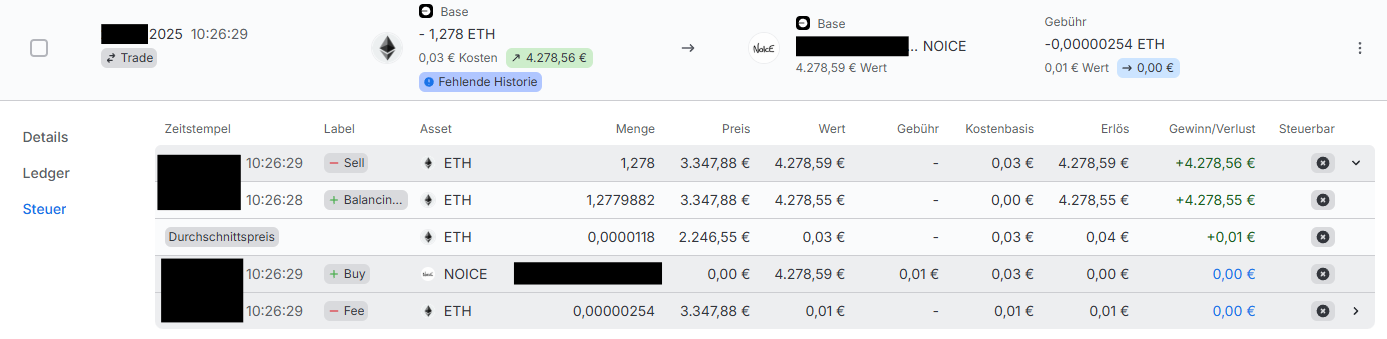 Blockpit zeigt Fehlende Historie Tag mit + Balancing Eintrag und Kostenbasis 0 EUR