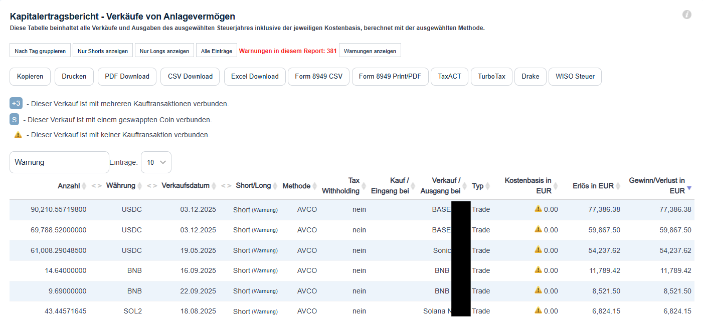 Fehlermeldungen im CoinTracking Kapitalertragsbericht mit Warnungen Button